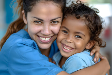 A nurse in blue scrubs smiles as she hugs and comforts a smiling child wearing medical , creating an atmosphere of comfort during the hospital visit