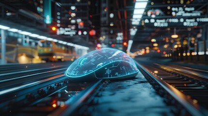 Urban Connectivity Futuristic Mouse Interacting with Holographic City Transit Display