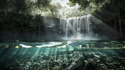 Poster Im Rahmen waterfall in the forest with crocodile under water in morning light © Maizal