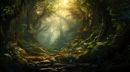 Sunlit Path Through the Enchanted Jungle - obrazy, fototapety, plakaty