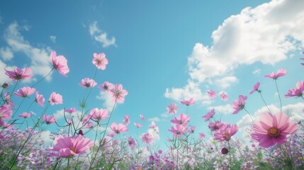 Obraz na płótnie Canvas Cosmos flowers on a background of blue sky with clouds