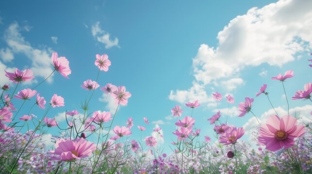 Cosmos flowers on a background of blue sky with clouds
