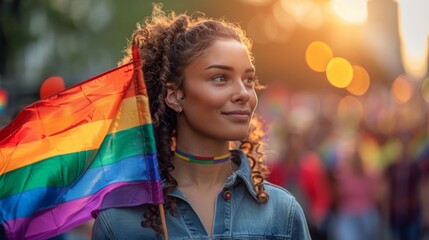 Capturing the spirit of solidarity, a diverse group proudly brandishing rainbow flags, radiating happiness and acceptance, embodying the essence of LGBTQ representation.
 - obrazy, fototapety, plakaty