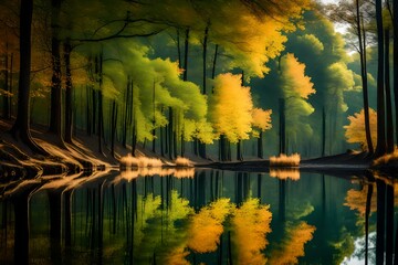 Blurred nature background view of naturally occurring trees and reflection on the water surface, the beauty  - obrazy, fototapety, plakaty