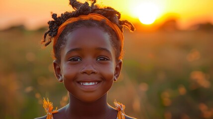 Bathed in the warm light of sunset, a close-up portrait of a blissful child encapsulates the essence of mental wellness, radiating joy and contentment.
