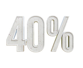 40 number percent text white color 3d illustration render on transparent background