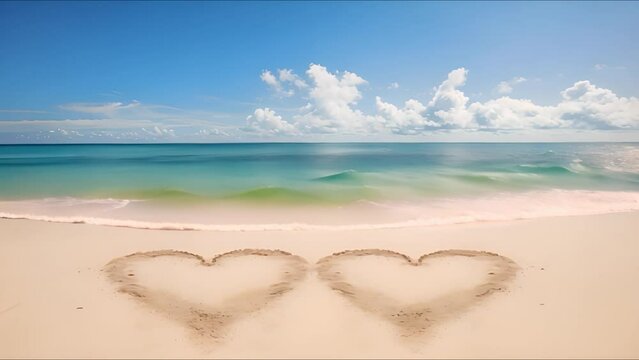 Two hearts drawn on the sandy shore of a paradise beach.