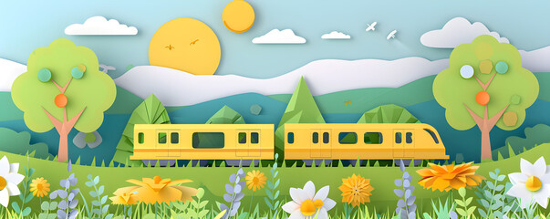 A train cross a wild park in the early spring, layered paper style, paper folding art, A gorgeously rendered papercraft world, graphic design, banner with copy space area high quality
