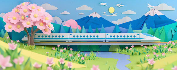 A train cross a wild park in the early spring, layered paper style, paper folding art, A gorgeously...