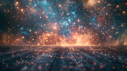 a glitter sparkles fireworks explosion background, a journey through space and time, on warm wood floor, warm burnt umber and slate blue color gradient