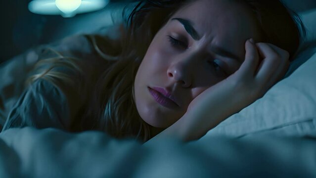 woman in bed late trying to sleep suffering insomnia, sleepless or scared in a nightmare, looking sad worried and stressed. Tired and headache or migraine waking up in the middle of the night..