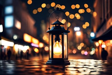Evening city concept with a lantern on bokeh background 