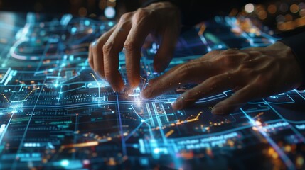 City Pulse Hands Connecting Digital Infrastructure Network Cables on Transparent Screen