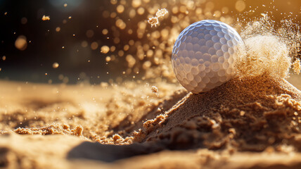 A golf ball creates a dynamic splash on sandy terrain, backlit by glowing sunlight. - obrazy, fototapety, plakaty