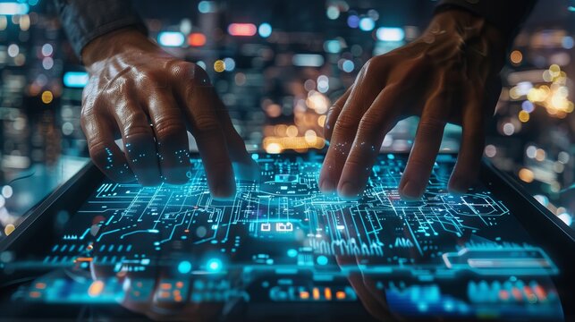 City Pulse Hands Connecting Digital Infrastructure Network Cables on Transparent Screen