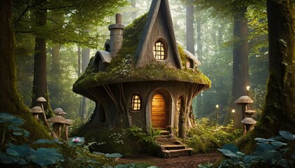 ai generate House in the forest with a tree theme The house in the forest with a tree theme has mushrooms growing