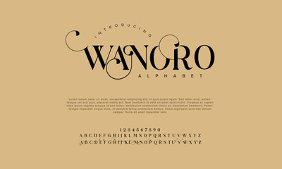 Wanoro premium luxury elegant alphabet letters and numbers. Vintage wedding typography classic serif font decorative vintage retro. Creative vector illustration