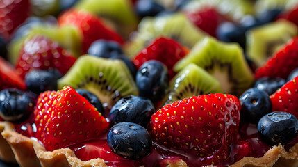 a close-up of a vibrant fruit tart adorned with glossy strawberries, kiwi slices, raspberries, and...