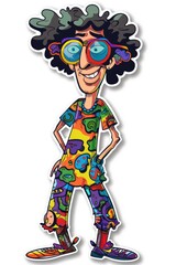 Groovy cartoon sticker label, psychedelic hippy self-adhesive paper printing pattern, vibrant eclectic design elements, banner, interior decoration, visual stick , white background, isolate, cut off.