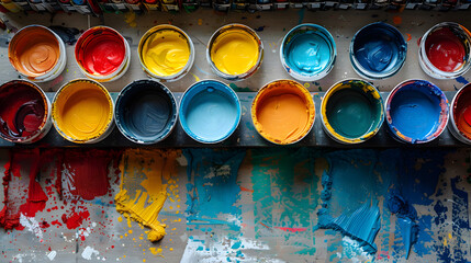 A row of buckets filled with colorful liquid paint, including azure, blue, orange, yellow, red, and...