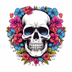 Skulls head flowers and one eye illustration for t-