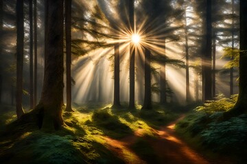 sun beams in morning forest