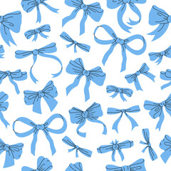 Cartoon bows pattern. Birthday gifts bows seamless pattern, blue ribbon decoration print flat vector background illustration. Hand drawn silk bows backdrop