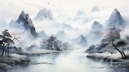 A watercolor illustration depicts an ancient temple nestled among mist-covered mountains, with a serene lake in the foreground.