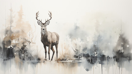A whimsical watercolor painting of a minimalist deer standing in a misty, reflecting in the water below.