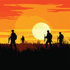 Fototapeta na wymiar Soldiers silhouettes on a filed in the sunset flat