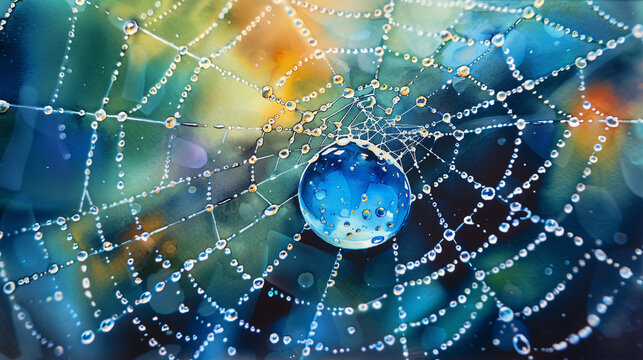 In a close-up watercolor illustration, the intricate threads of a raindrop on a spider's web are depicted, along with the reflection of the surroundings.