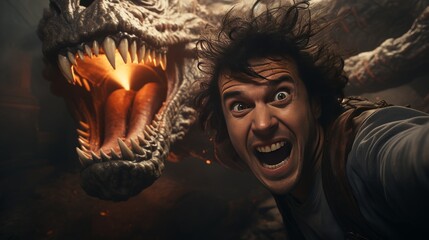 Man Standing Beside Dinosaur