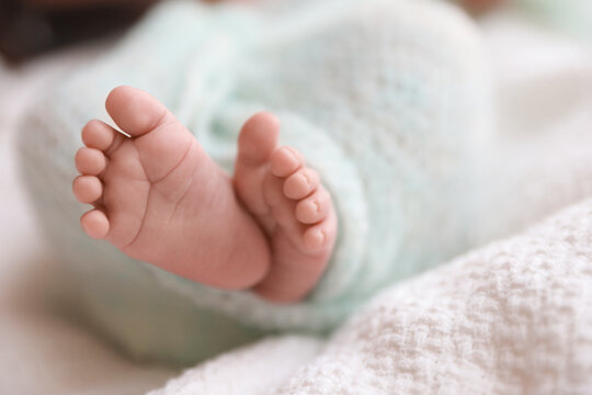 Newborn baby lying on plaid, closeup of legs. Space for text