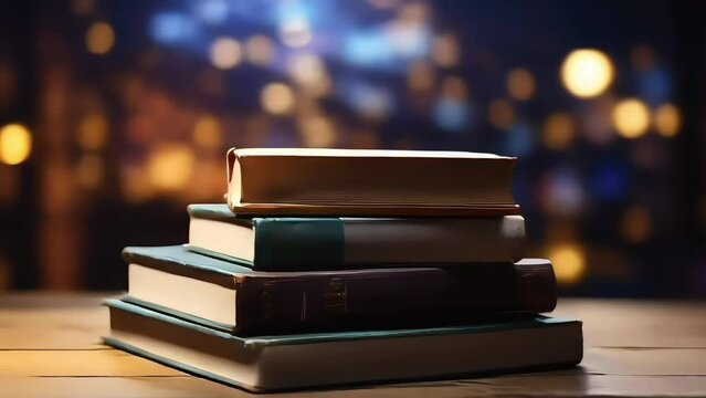 Closeup view stack of books on wooden table with blur light background and copy space area. Suitable for videos of World book day, teachers day, back to school.
