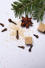 Different spices and fir branches on white table, flat lay