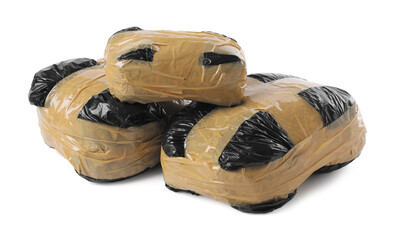 Packages with narcotics isolated on white. Drug addiction