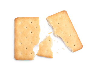Crispy broken cracker isolated on white, top view