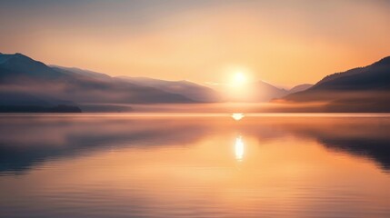 Calm Sunrise Over Mountain Lake in Soft Focus