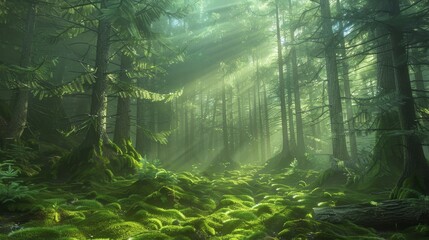 Forest Scene with Rays of Sunlight Through Misty Trees
