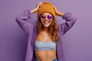 Photo of cheerful glad girl wear stylish clothes hand chest wow unexpected unbelievable victory isolated on purple color background
