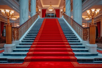 Red carpet on the stairs of a luxury hotel in the evening.