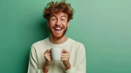Photo of overjoyed handsome guy have fun hand hold ginger ale mug isolated on green color background,copy space.