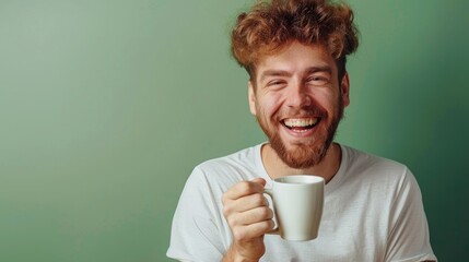 Photo of overjoyed handsome guy have fun hand hold ginger ale mug isolated on green color background,copy space.
