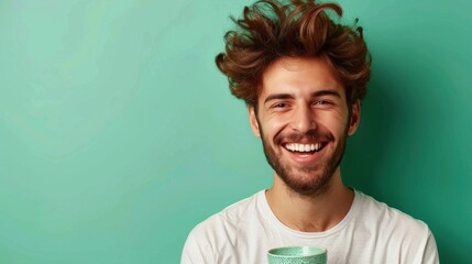 Photo of overjoyed handsome guy have fun hand hold ginger ale mug isolated on green color background,copy space. - obrazy, fototapety, plakaty