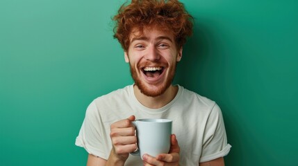 Photo of overjoyed handsome guy have fun hand hold ginger ale mug isolated on green color background,copy space.