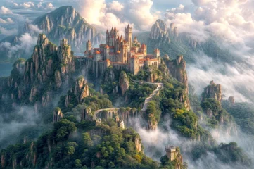 Fotobehang A castle is perched on top of a mountain, surrounded by fog and clouds. The mountain is covered in greenery and has a winding road leading to the castle. © LAYHONG