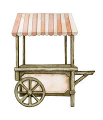 Hand-painted watercolor Street food cart, fresh market cart, wooden wheelbarrow for vegetables, fruits, ice-cream.Fresh farmer market cart illustration © Fefelova Yana