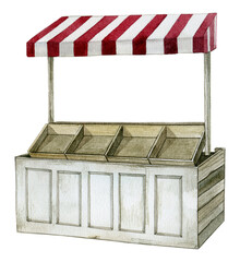 Hand-painted watercolor Street food cart, fresh market cart, wooden wheelbarrow for vegetables, fruits, flowers.Fresh farmer market cart illustration