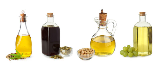 Vegetable fats. Different cooking oils and ingredients isolated on white, set
