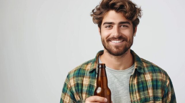 Photo of handsome charismatic young man arms hold showing glass beer bottle isolated on green color background,copy space. 